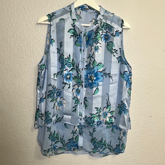 Tahari Sleeveless Sheer Blue Striped Floral Button Down Top Size 12 NWT - Picture 1 of 13